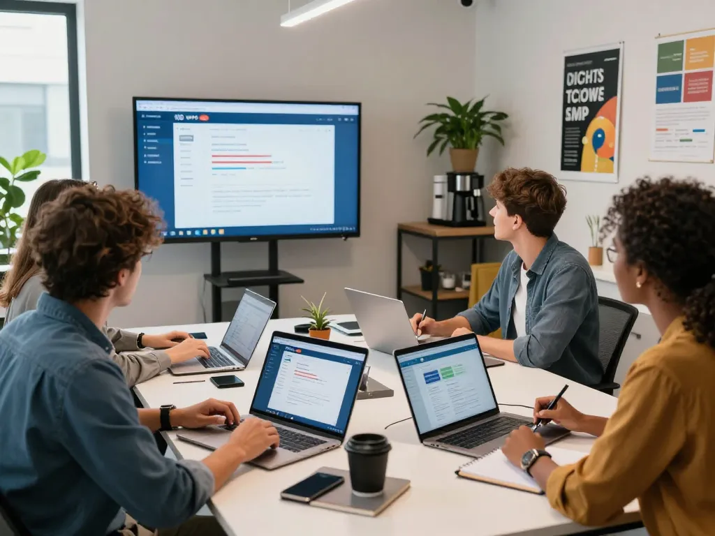 Diverse team collaborating using WPS Office applications in a bright modern office workspace.