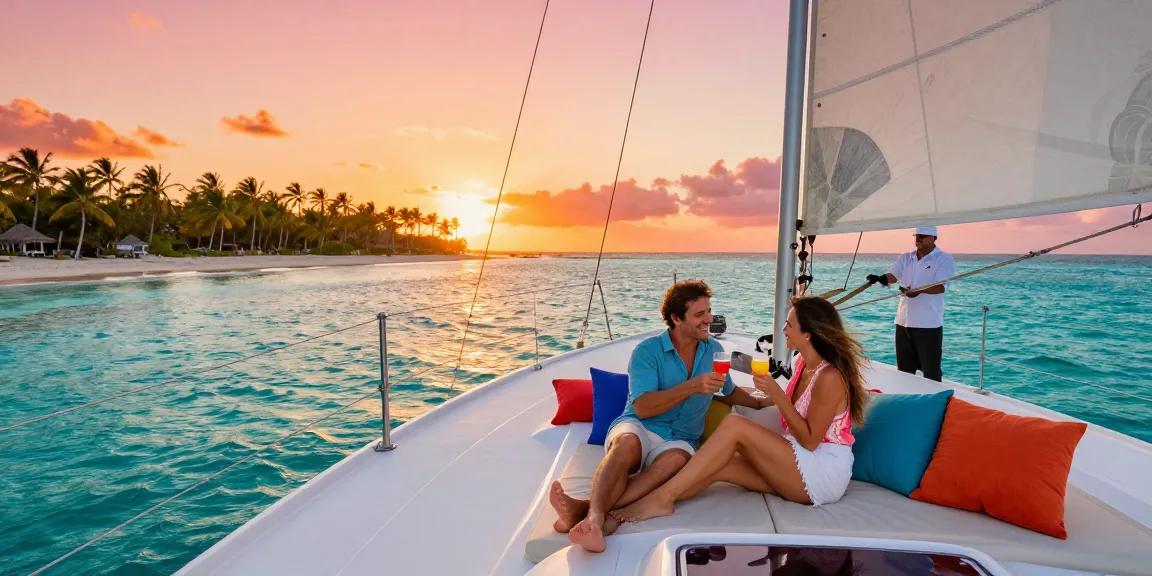 Private yacht charter Punta Cana, couple enjoying sunset drinks on a luxury yacht with tropical ocean backdrop.