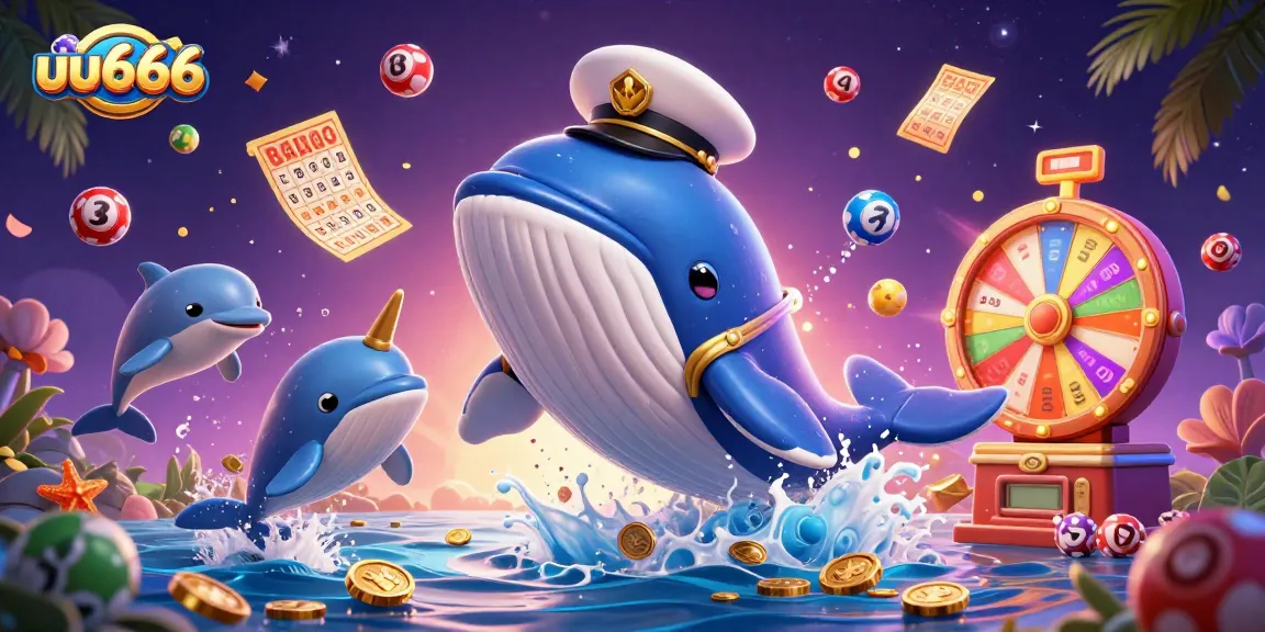 Experience thrilling betting adventures at uu666 with a vibrant 3D illustration of a cartoon whale and dynamic gaming elements.
