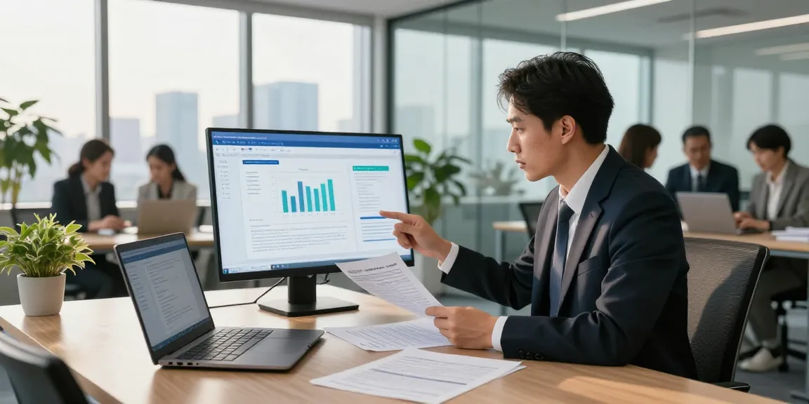 Office scene demonstrating document fraud detection strategies through technology and teamwork in action.