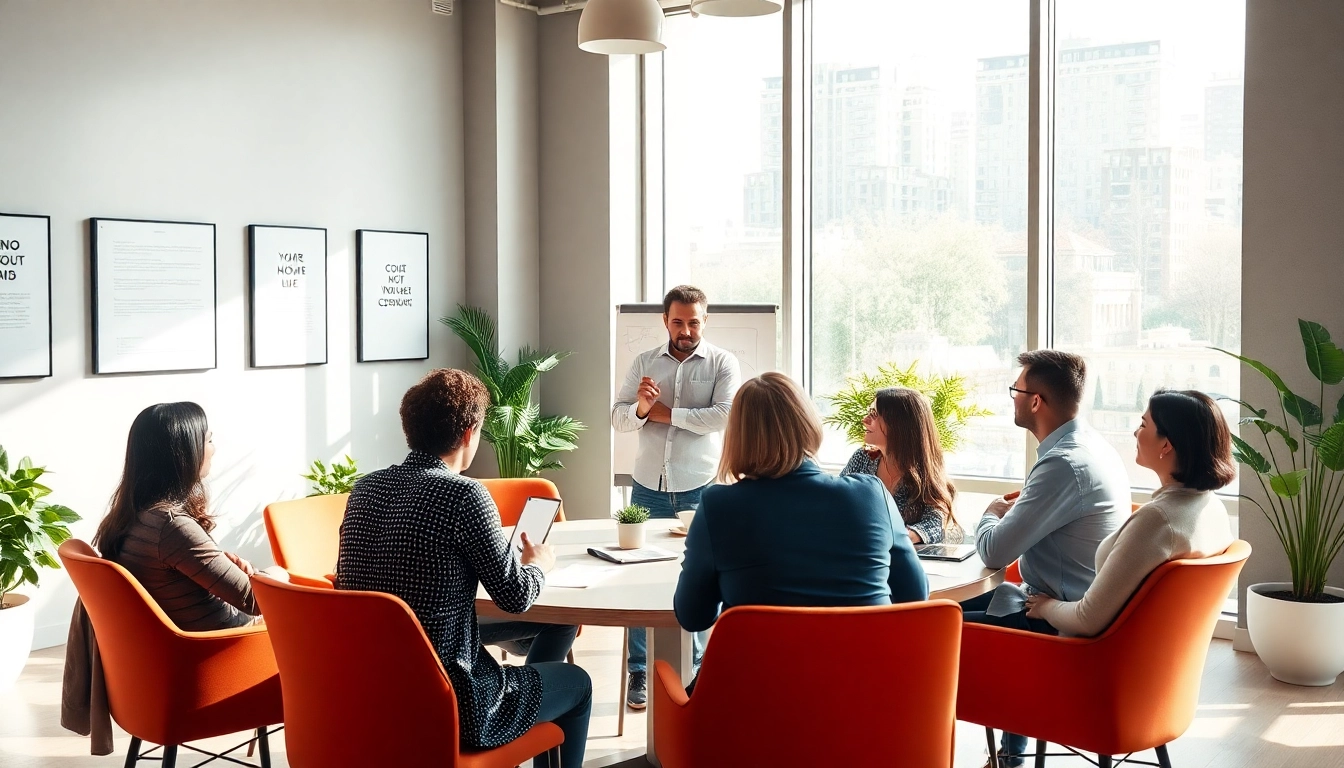 Engaging scene of career coaching with clients discussing personal development strategies.