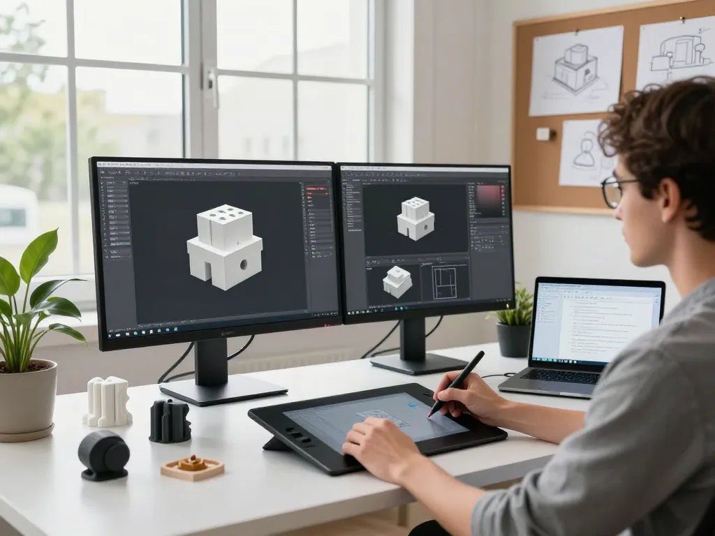 Designer using Text to 3D software in modern workspace with CAD displays and 3D prototypes.
