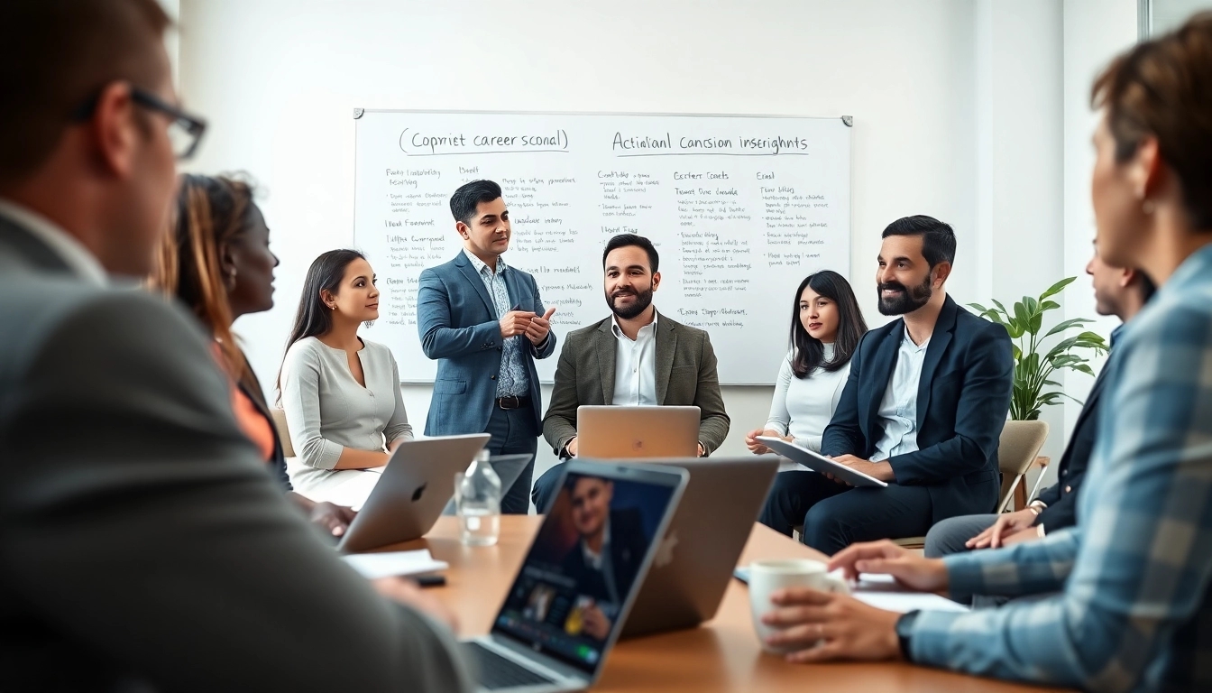 Engaging career coaching session with diverse individuals brainstorming ideas in a modern office.