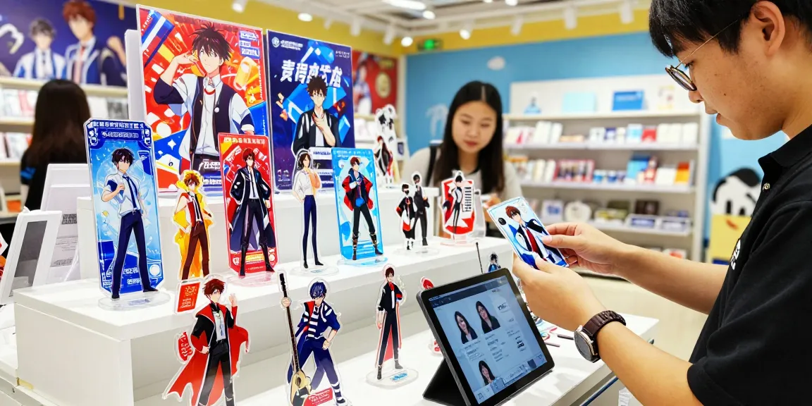 Custom acrylic stand selection featuring vibrant designs and displays in a retail environment.