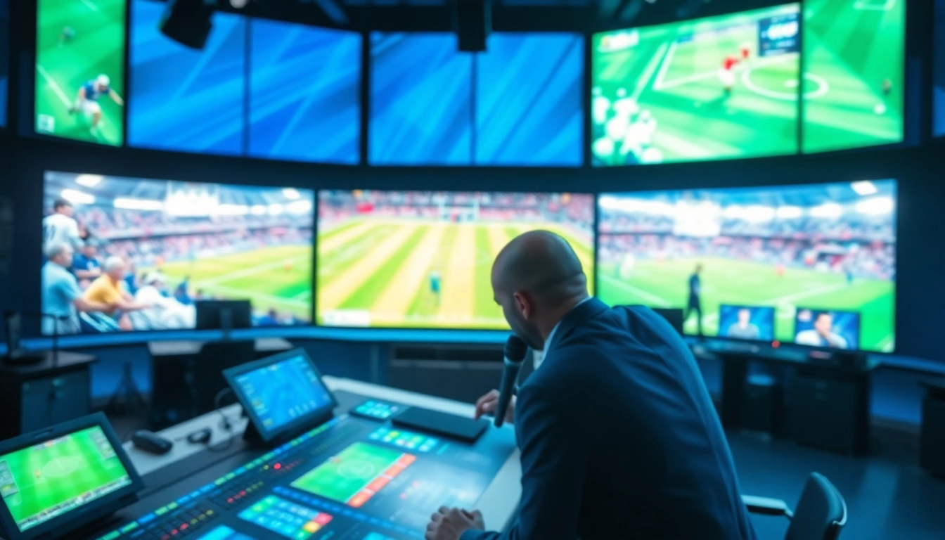 Dynamic sports broadcasting studio showcasing a host with digital graphics.