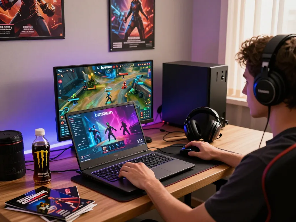 Player enjoying the bomwin gaming experience on a modern laptop with vibrant graphics