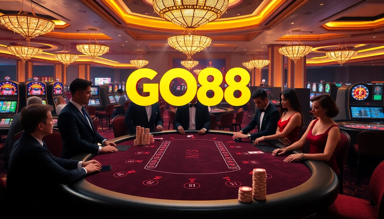 Gamblers enjoying a tense moment at the GO88 blackjack table in an upscale casino setting.