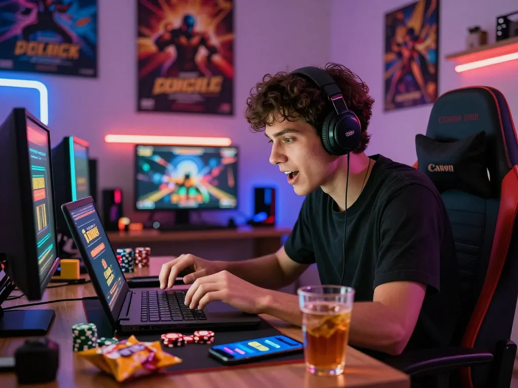 Young adult immersed in sun win online gaming experience with vibrant decor and snacks in a lively setting.