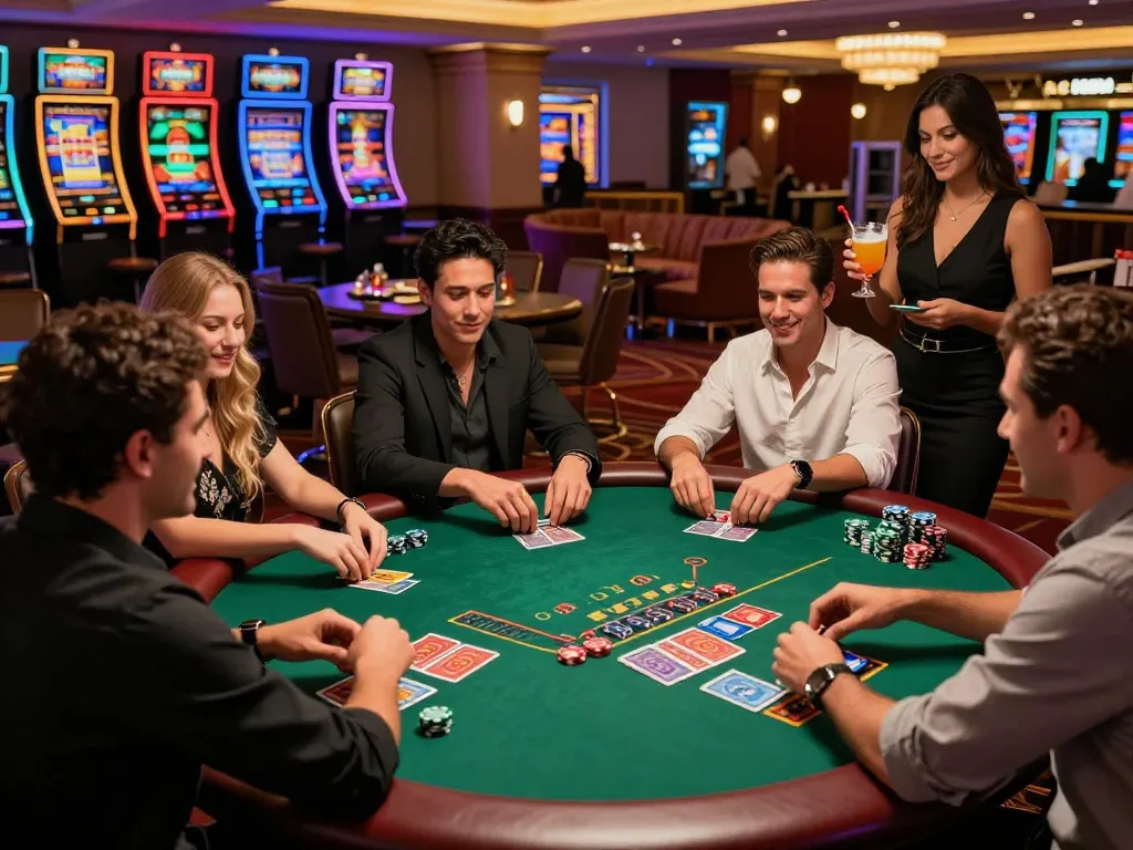Engaged friends enjoying a blackjack game at the lively 789 club casino.