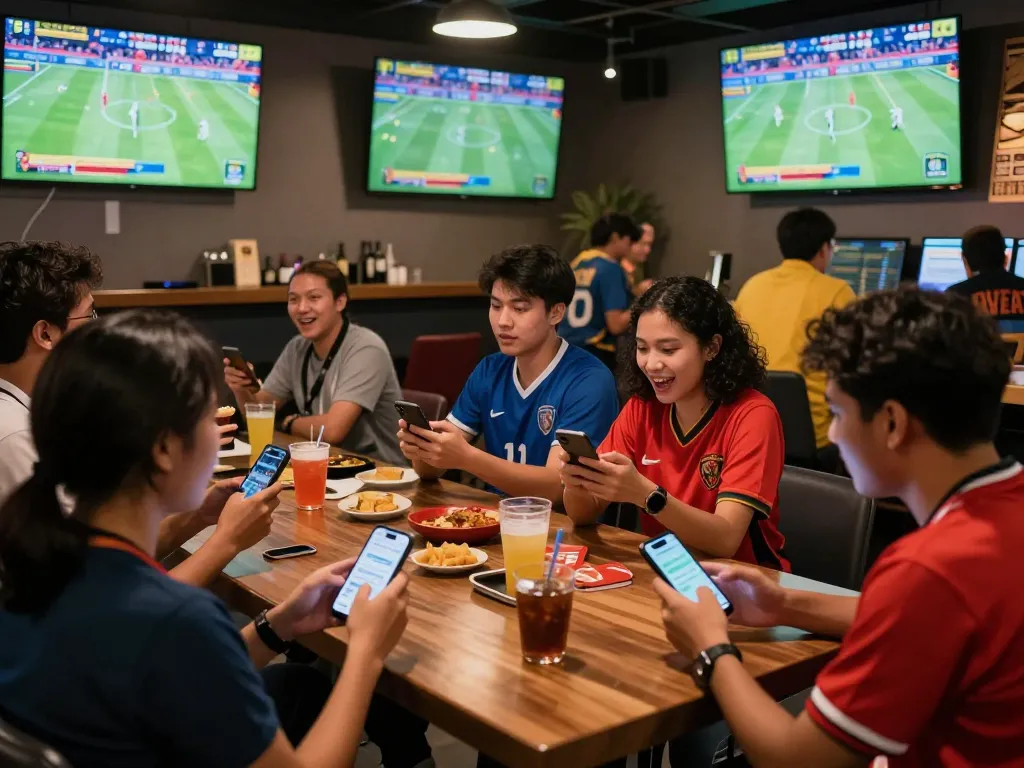 Penggemar olahraga yang terlibat merumuskan strategi selama taruhan Taruhan Bola di suasana lounge yang hidup