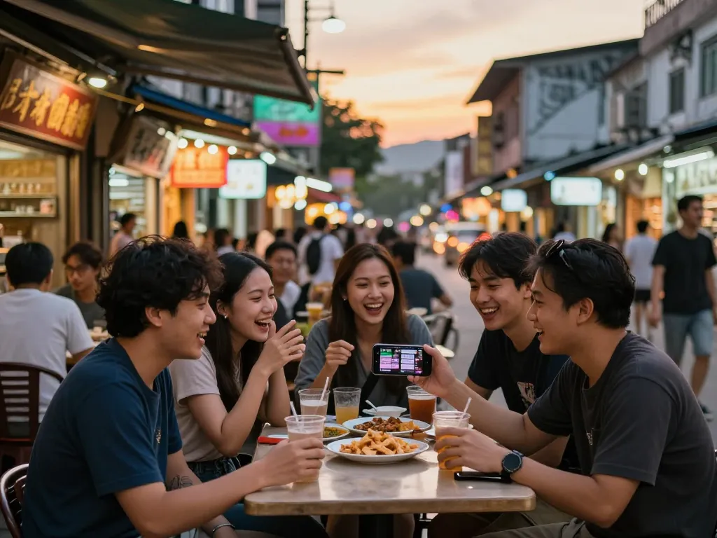 Teman-teman dengan antusias memeriksa hasil lotere HK Malam Ini sambil menikmati minuman di kafe yang ramai.