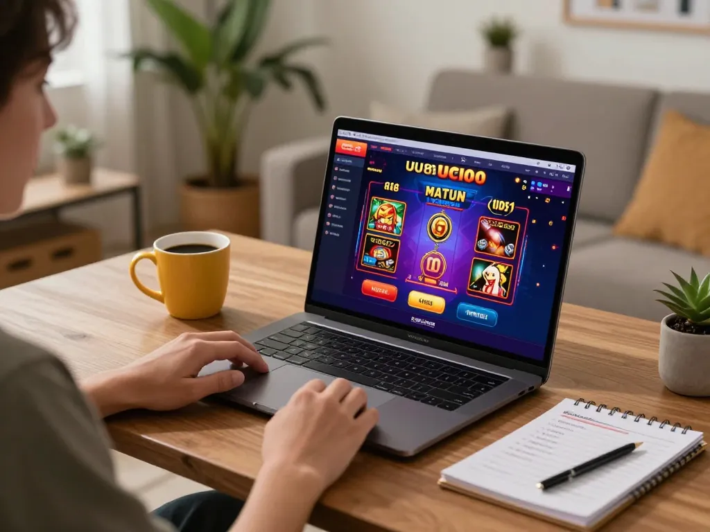 Engaging in online gambling at UU88 with vibrant casino games on a laptop screen.