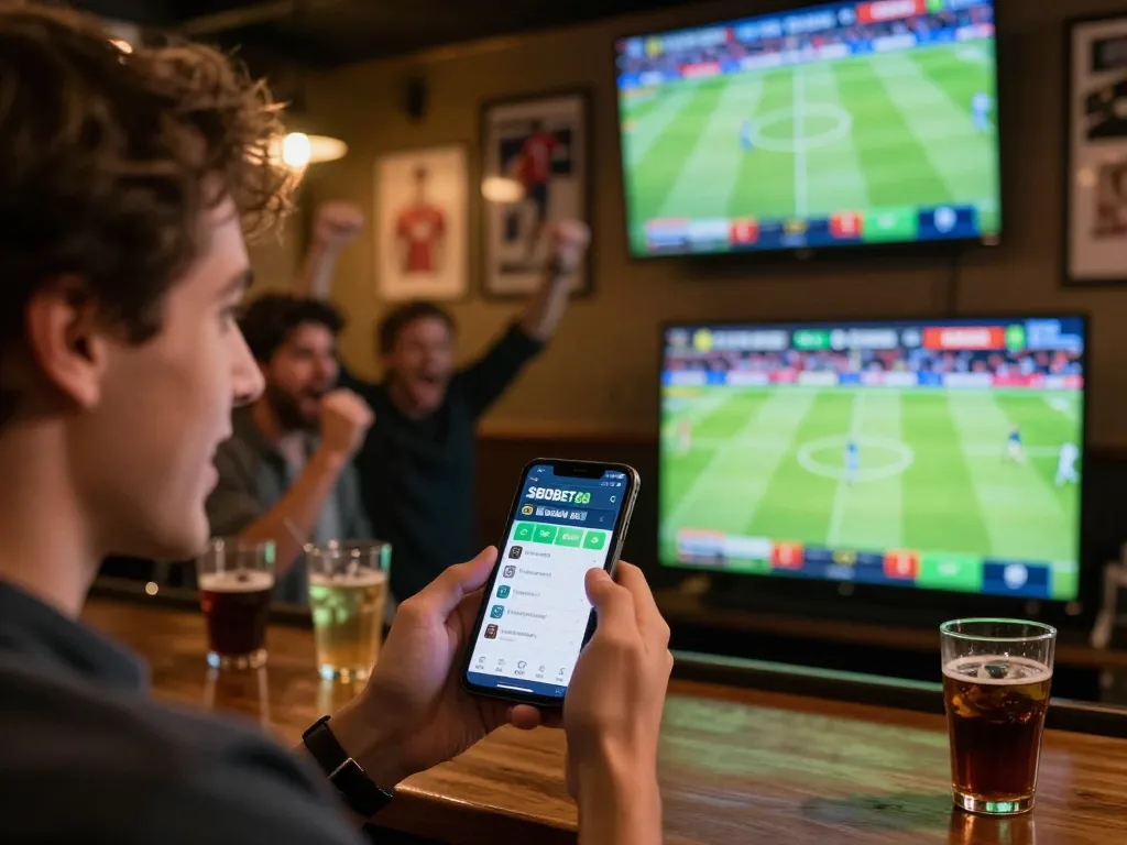 Pengguna SBOBET88 merayakan kemenangan olahraga dengan smartphone di atmosfer sportsbook yang hidup