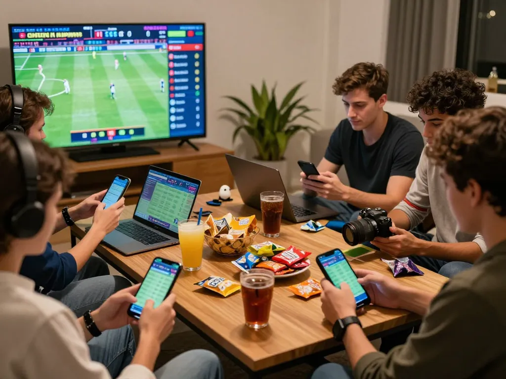 SBOBET betting scene with friends at home, analyzing sports odds and enjoying the excitement.