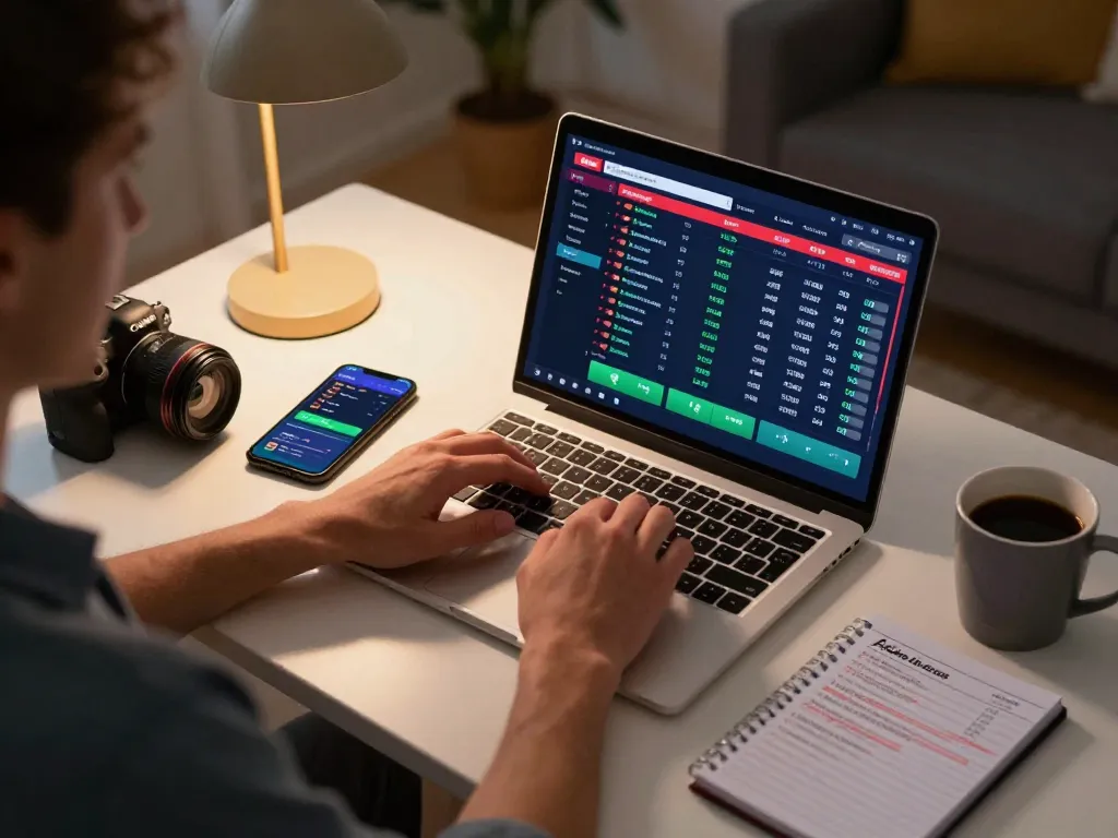 Tỷ lệ kèo nhà cái 5 showcased in an online sports betting scene with live odds, laptop, and strategic notes.