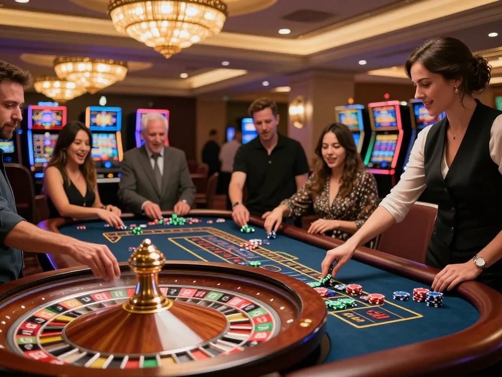 Players placing bets at a lively HELLO88 roulette table, capturing the excitement of casino gambling.