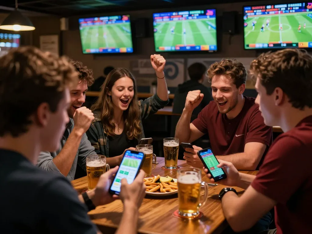 Rasakan sensasi Judi Bola bersama teman-teman di bar olahraga yang ramai, memeriksa peluang taruhan langsung di perangkat mobile.