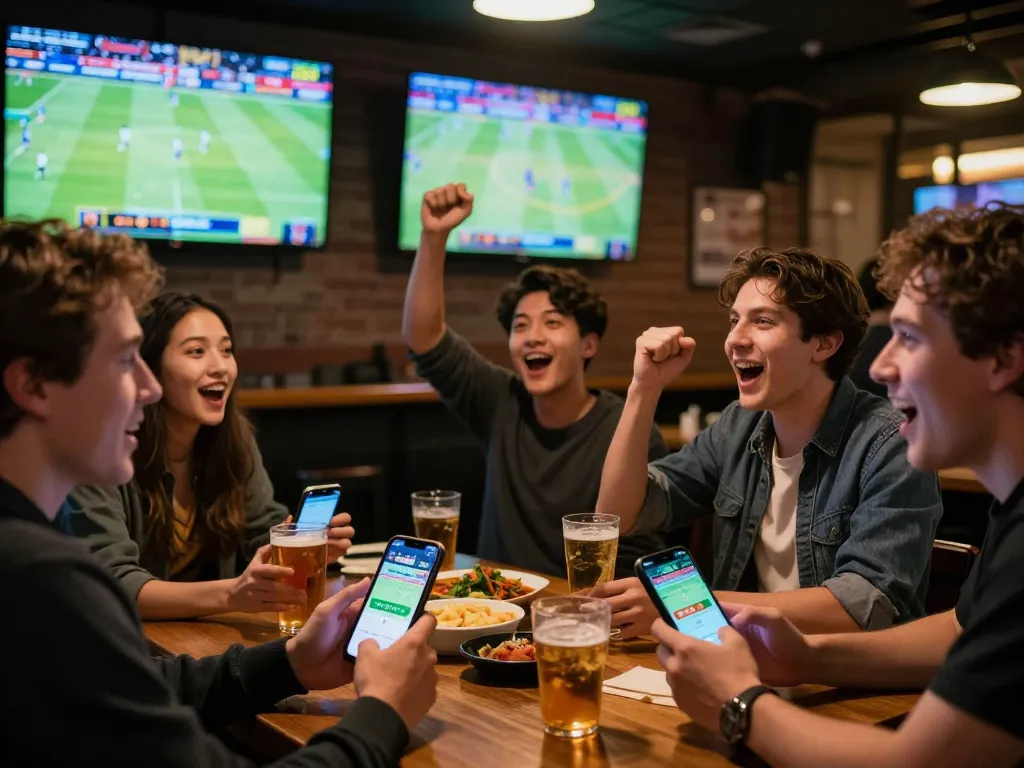 Pengalaman taruhan olahraga SBOBET bersama teman-teman di bar olahraga yang meriah, smartphone menampilkan peluang langsung.