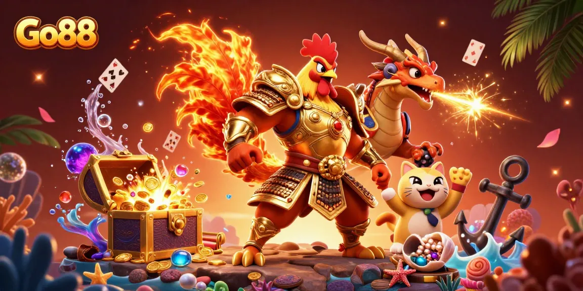 Go88 showcases an exciting casino scene with a rooster warrior and dragon hatchling amid vibrant treasures.
