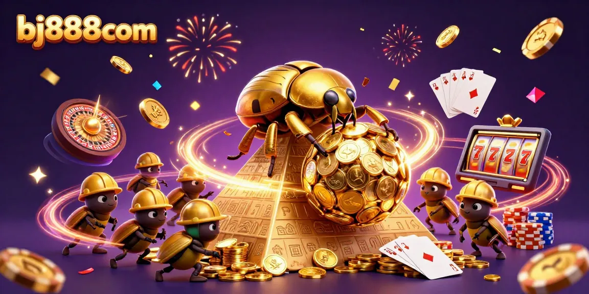 Experience winning moments with bj888com as a golden dung beetle rolls coins amidst vibrant casino elements.