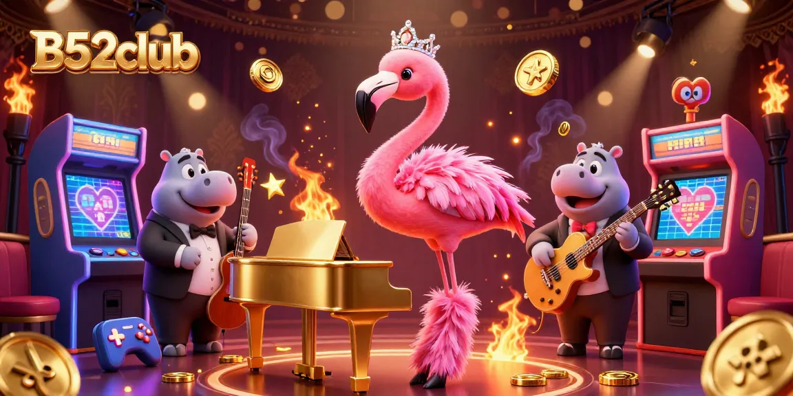 B52club ignites excitement with a lively casino scene featuring a flamingo singer and hippo bassist.