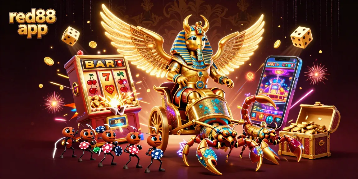 Engage with the red88 app's thrilling slot world, featuring a dynamic gold scarab, scorpions, and jackpot excitement.