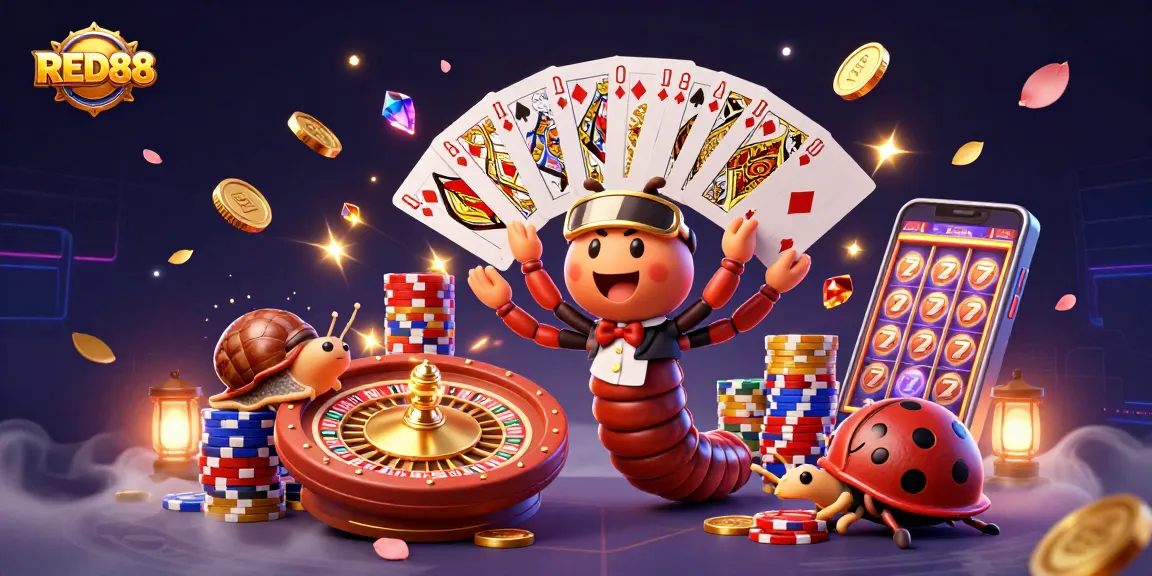 Experience the excitement of RED88 as a millipede dealer showcases cards amidst vibrant casino elements.