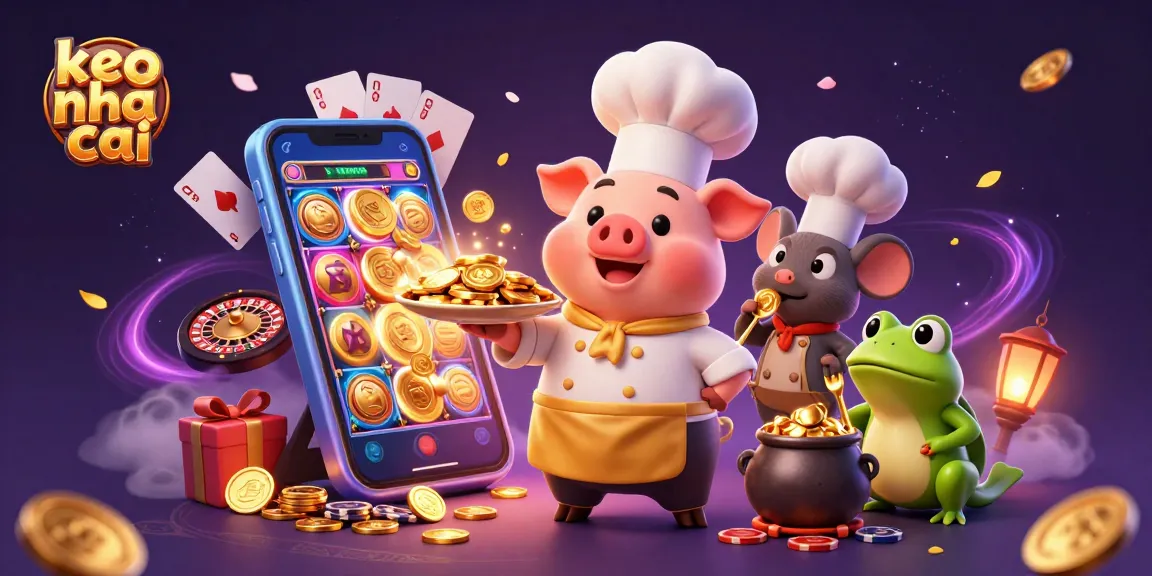 Engage with the thrilling keo nha cai experience featuring a pig chef serving gold coins amidst dynamic casino elements.