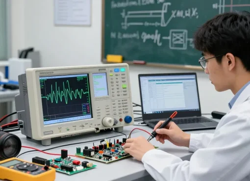 Engineer analysing signals on a Benchtop Oscilloscope, Digital oscilloscope in a professional lab environment.